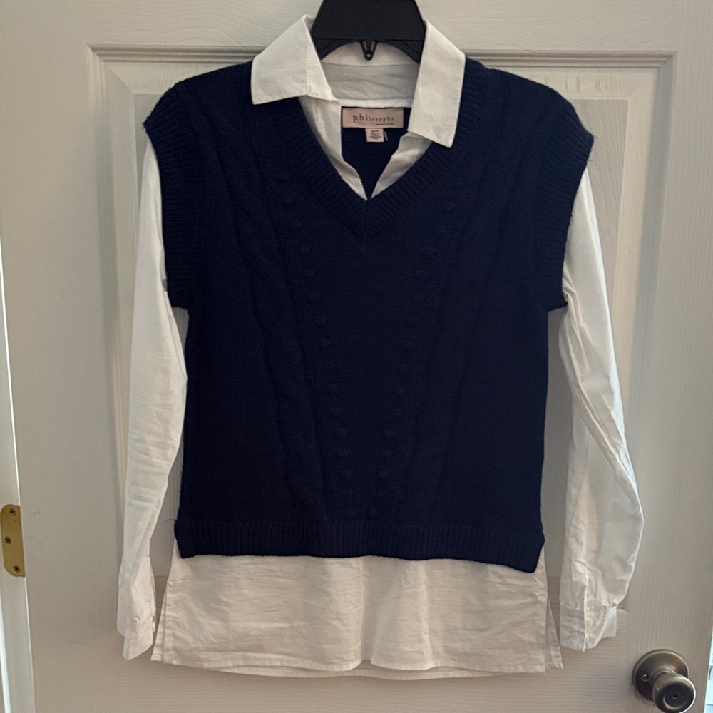 Philosophy Dark Blue V-Neck Sweater with White Layer